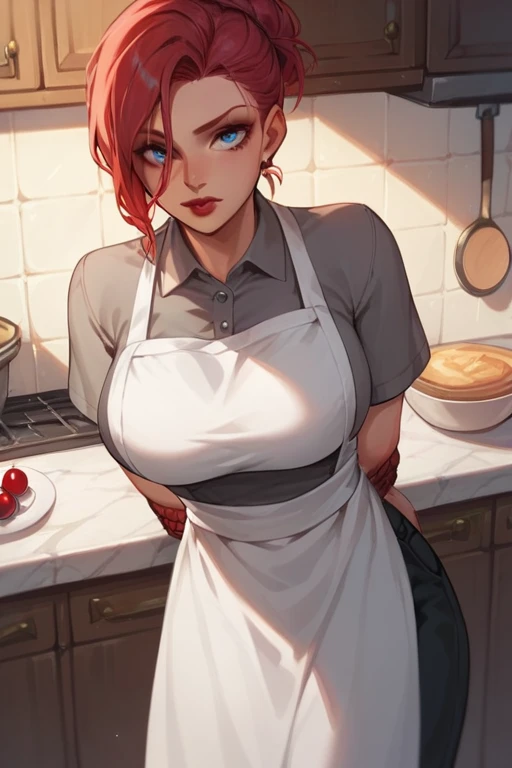Woman cherry red hair tied up Blue eyes white skin red lips Hourglass body big breasts dressed in black pants gray shirt and white apron with smiling with a coffee