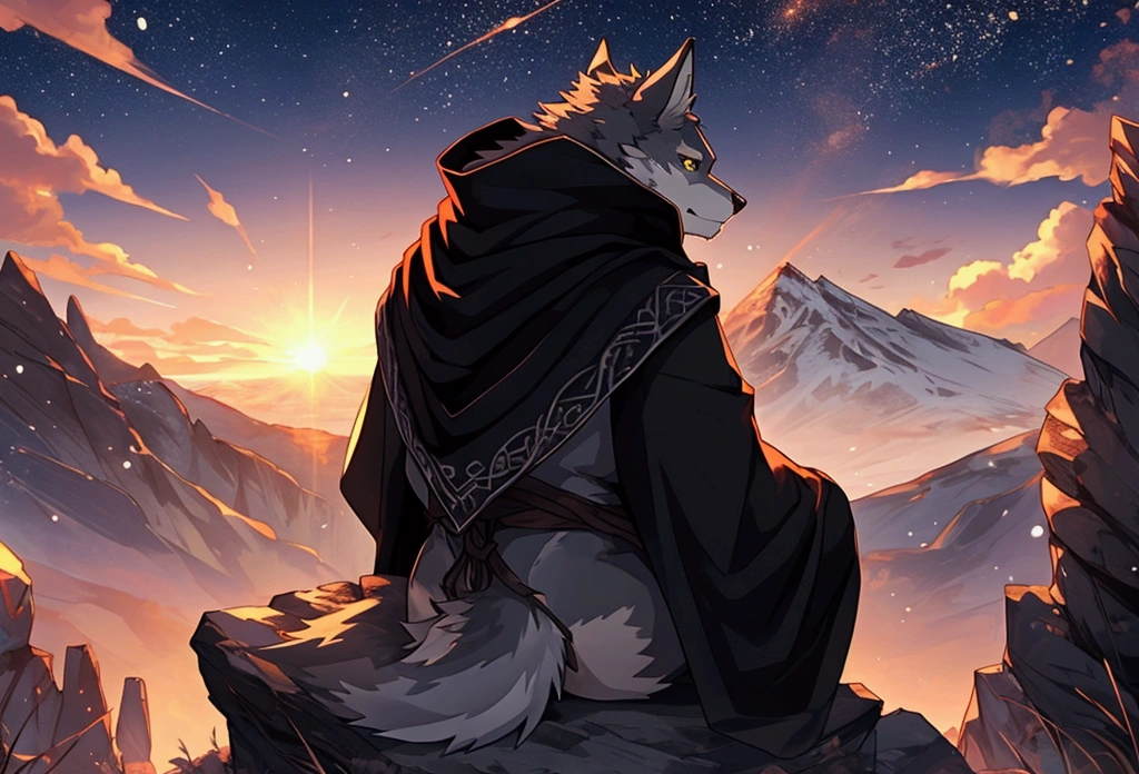 Gray wolf orcs，Black cape with hood。Sitting on the top of the mountain。Back to camera。Small proportion of characters。Sunset。Sunset。Depth of Field, Perfect lighting, (Light Particles),(best quality),(masterpiece),(ultra de tailed),Clear focus,Light Particles