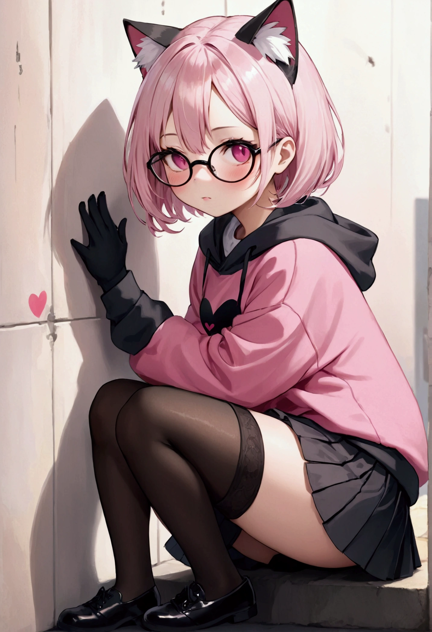 I have white pink hair, cat ears, a bun, my face is super blushing, black glasses, pink heart eyes, a big pink sweatshirt, a black skirt, black stockings, white shoes, a cat&#39;s tail, a girl. very shy that she is glued to a wall with her butt