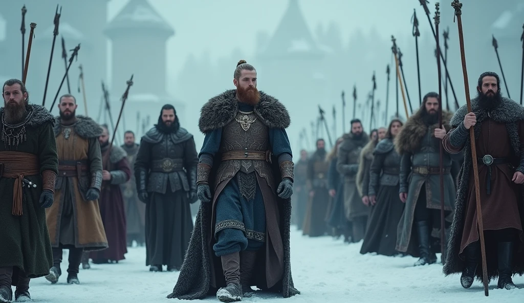 arafed group of people dressed in medieval Viking clothing standing in the snow, King and Queen of the Vikings leads the group, an epic fantasy, vikings, viking, wearing viking clothes, by Kerembeyit, return of the king. cinematic, viking culture, viking attire, an epic viking battle scene, viking king, viking style, elegant cinematic fantasy art, epic viking king and queen