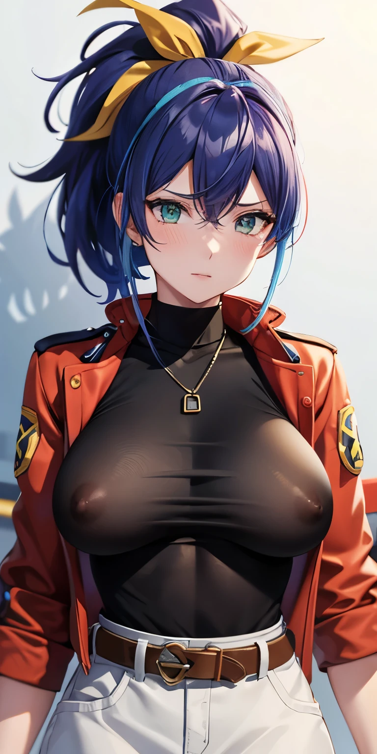 1 Female,High definition,high resolution,Ultra-realistic,8K, aaserena, yellow ponytail, ((multicolored hair)), red jacket, black shirt, belt, white skirt, tight skirt, miniskirt ,jewelry,European,sexy,Upper body close-up,Photographed from the front,Dynamic Angles,blush, big tits, nipples ,show tits, multicolored hair