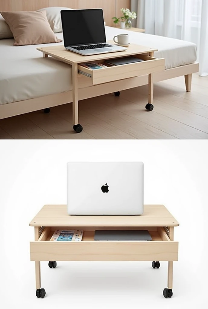 Laptop table with drawer on casters for bed