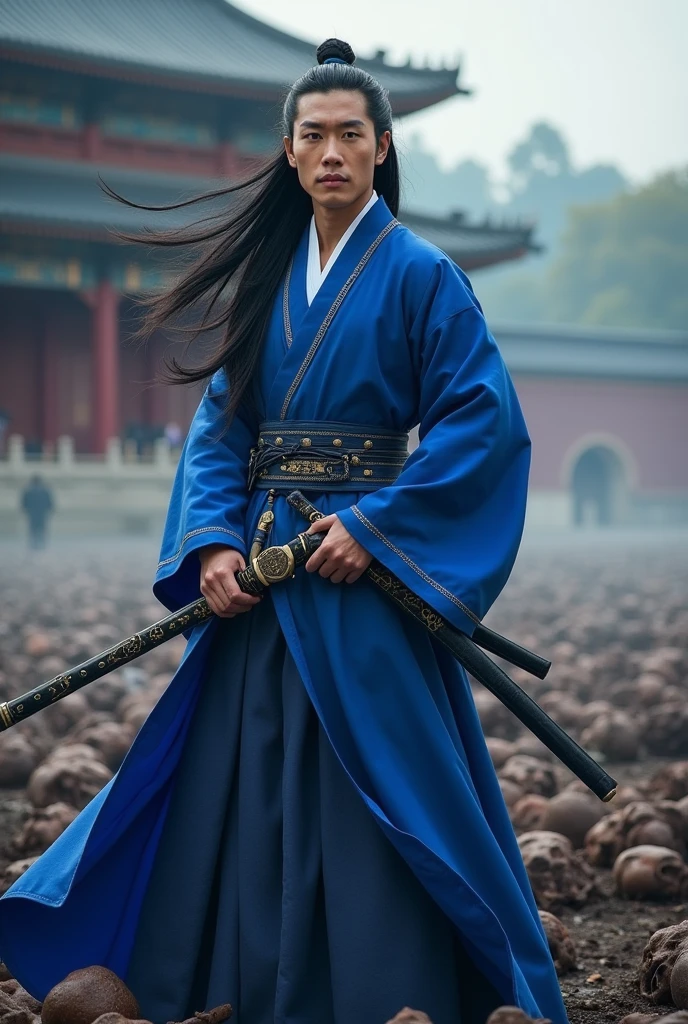Government background, Traditional building 30 year old man, side facing .have long black hair, wearing traditional Korean clothing in the royal blue dDongker there is a sword in his hand while sitting in front of thousands of human corpses, looks like assassin aura.