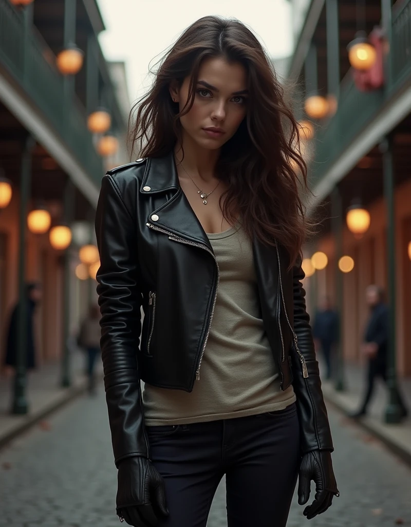 Werewolf Girl inspired by the Originals and The Vampire Diaries TV Series character Hayley Marshall (Phoebe Tonkin). Beautiful brunette woman. wearing leather jacket and dark pants, Midjourney AI Generated Art, French Quarter background, New Orleans , AI Artificial Intelligence Artworks, Character Inspiration.