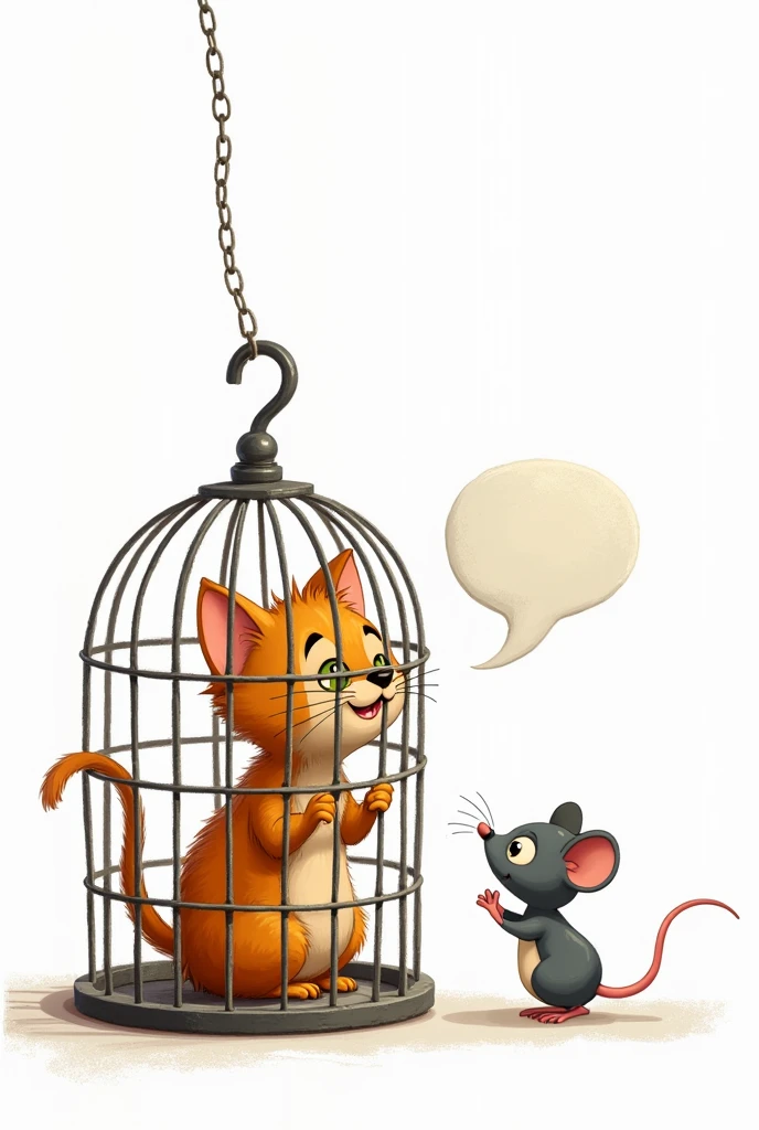 A cat, locked in a cage, talking to a little mouse, trying to convince the little mouse to release it, animated like the cartoons, on a white background