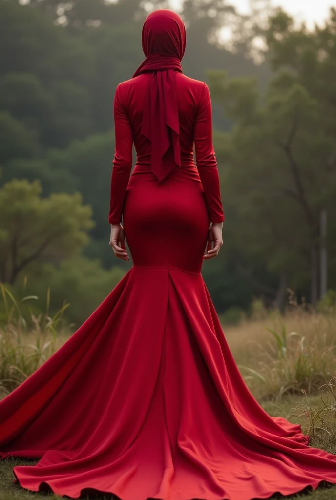 Asian woman in red satin long gown, wear modern hijab, mermaid-style, fabric clings tightly, immobile, wear outer, full-body encapsulation, entirety of fabric about 7 meters in length trailing dramatically, overlong satin train, extreme detail on the texture of the satin, highlighting its reflective quality, cinched at the ankle, sexy random pose outdoor, dramatic lighting, ultra realistic, high-resolution photography.
