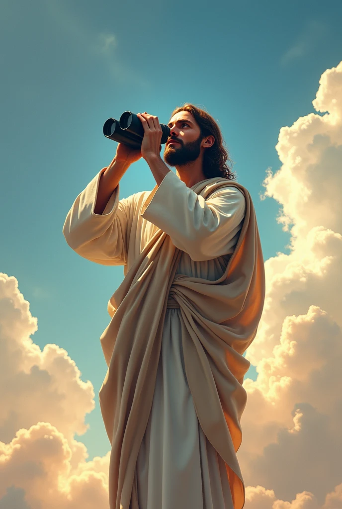 Beautiful Jesus Christ with binoculars with a very wonderful sky in the background