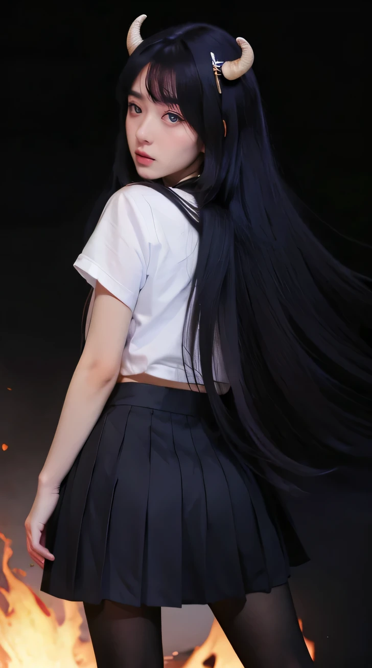 masterpiece, best quality, NshroV4, 1girl, solo, long hair, looking at viewer, skirt, black hair, hair ornament, school uniform, purple eyes, pantyhose, pleated skirt, black cardignan, open cardignan, fire in background, horns, serafuku, black skirt, sailor collar, black background, oni horns, white sailor collar,