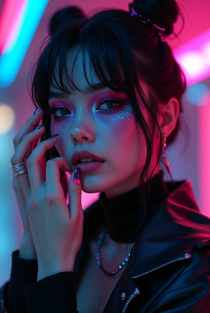 a beautiful young girl, cybergoth style, sensual pose, party outfit, detailed facial features, intricate makeup, neon lights, glowing neon accents, cinematic lighting, hyper-realistic, 8k, photorealistic, masterpiece, award-winning digital art