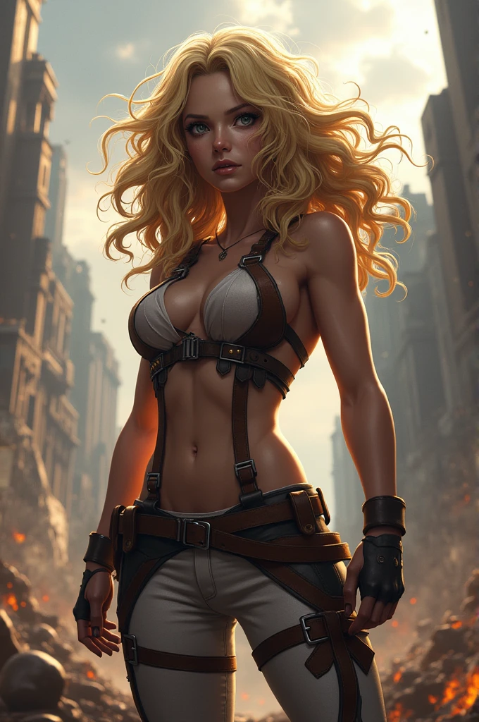 An oc of Attack titan, girl with curly blonde hair, blue eyes