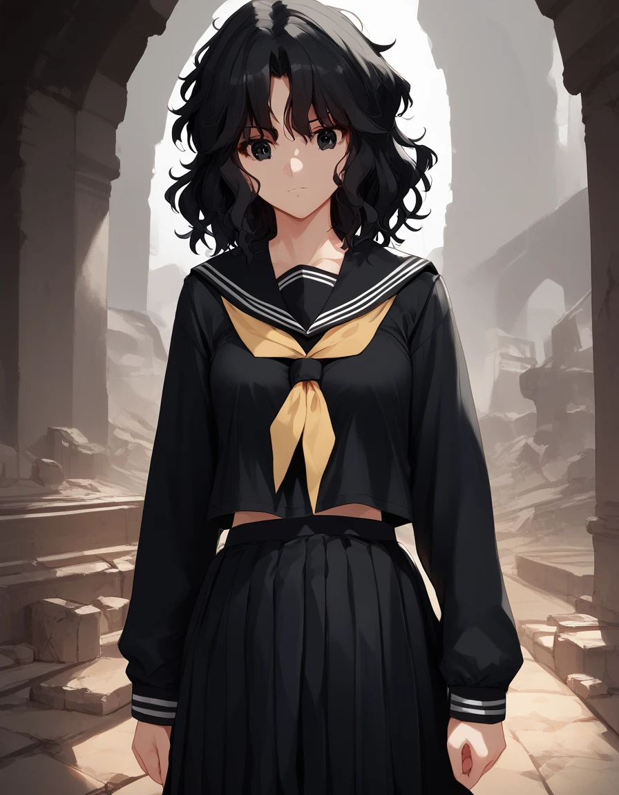 score_9, score_8_up, score_7_up, unaestheticXLv31, masterpiece, ultra-detailed, nsfw, Shiny skin, pretty eyes, BREAK, Black serafuku, long Sleeves, tanding,, kaoru tanamachi, black eyes, black hair, messy hair, ruins