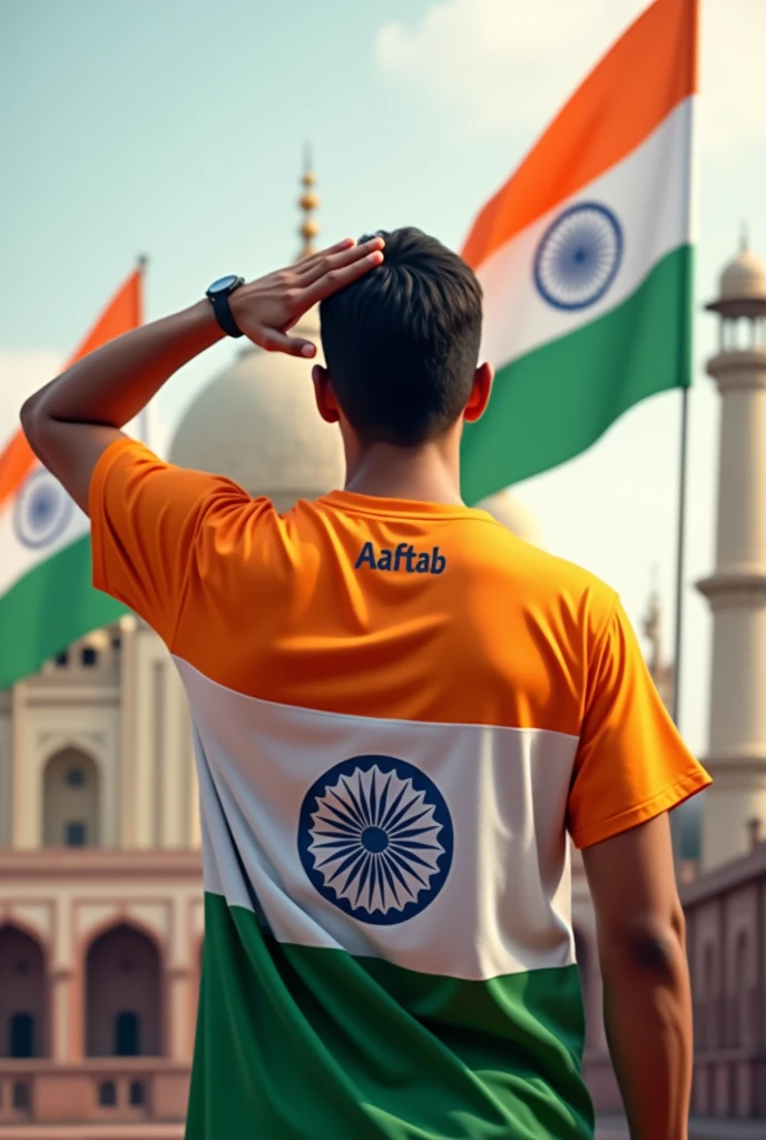 A man saluting the Indian flag. The color of his T-shirt should be like the Indian flag, Aaftab should be written on the back and there should be other flags, Taj Mahal or other things in the background.