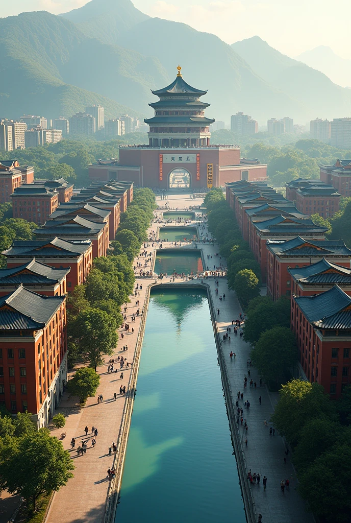 A high resolution,Breathtaking, Large-scale Chinese scenes,majestic architecture,The Great Socialist Era,A thriving society,Self-sufficient community,People live in harmony,Industrious workers,Wealthy citizens,Bustling city streets,A vibrant market,Happy family,Outdoor activities,Beautiful park and gardens,Welcoming public spaces,Elegant boulevards,Impressive statues and monuments,picturesque landscape,vast blue sky,Serene countryside,Tranquil rivers and lakes,lush green forest,Prolific farmland,Modern factory,Futuristic technology,Innovation infrastructure,High-rise buildings,Glittering glass windows,Sparkling lights at night,Efficient transport system,State-of-the-art trains and subways,Clean and tidy neighborhood,A bustling cultural and educational center,Gorgeous theaters and concert halls,Rich artistic heritage,Colorful festivals and parades,Celebrate achievements,Ethnic diversity lives in harmony,A unified national identity,Take pride in socialist values,A strong sense of community,The people are united,Inspirational promotional posters,Soaring motivational speeches,Strong and determined leader,Majestic waved proudly,An eternal symbol of unity and progress busy asian shops japanese style with a river canal like venice curved y, in the middle focal point big rounded pagoda epic scale, water ways is curved