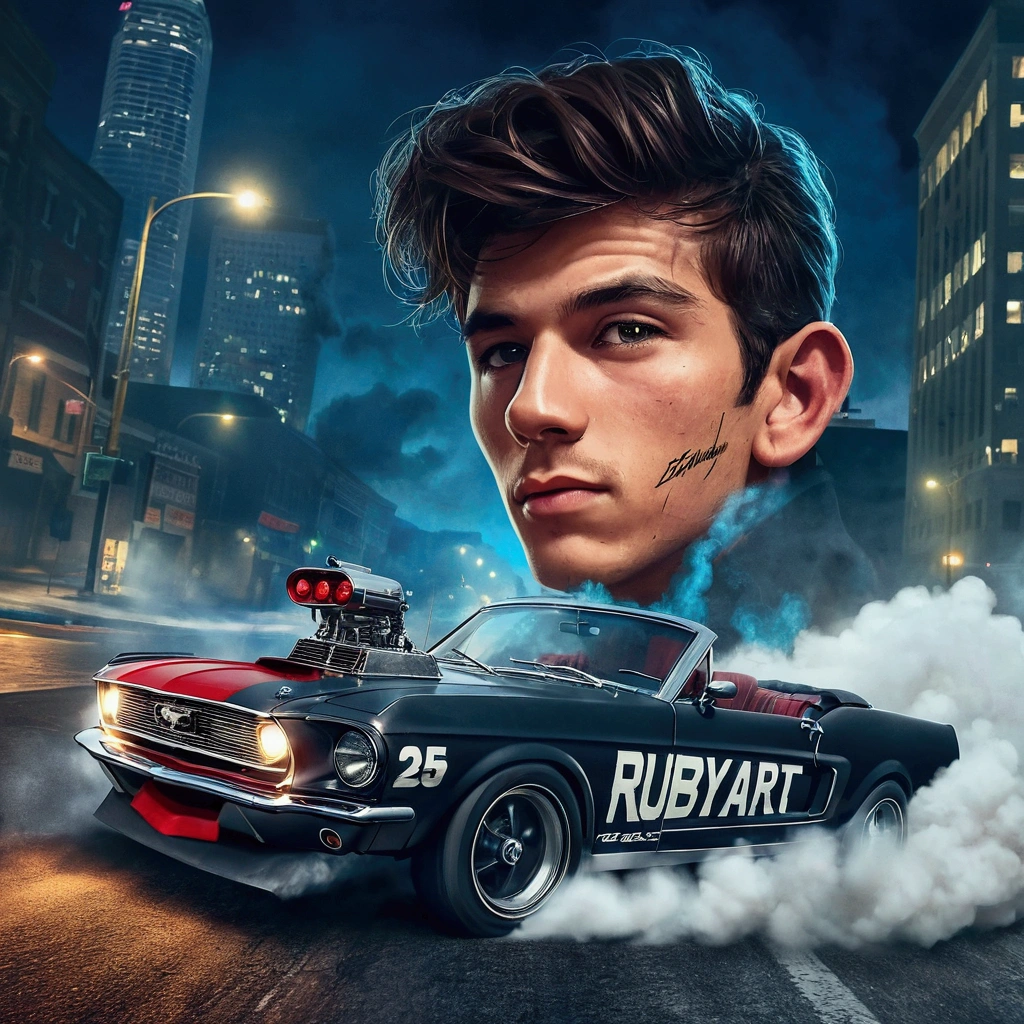 a 25 year old young man driving an ancient Mustang with the words "RubyART" written in black, at full speed and drifting around corners so that tire marks appear on the asphalt he is driving on, and there are clouds of smoke around him. city ​​street backgroundthe night looks like real. high quality images, high resolution, 8k