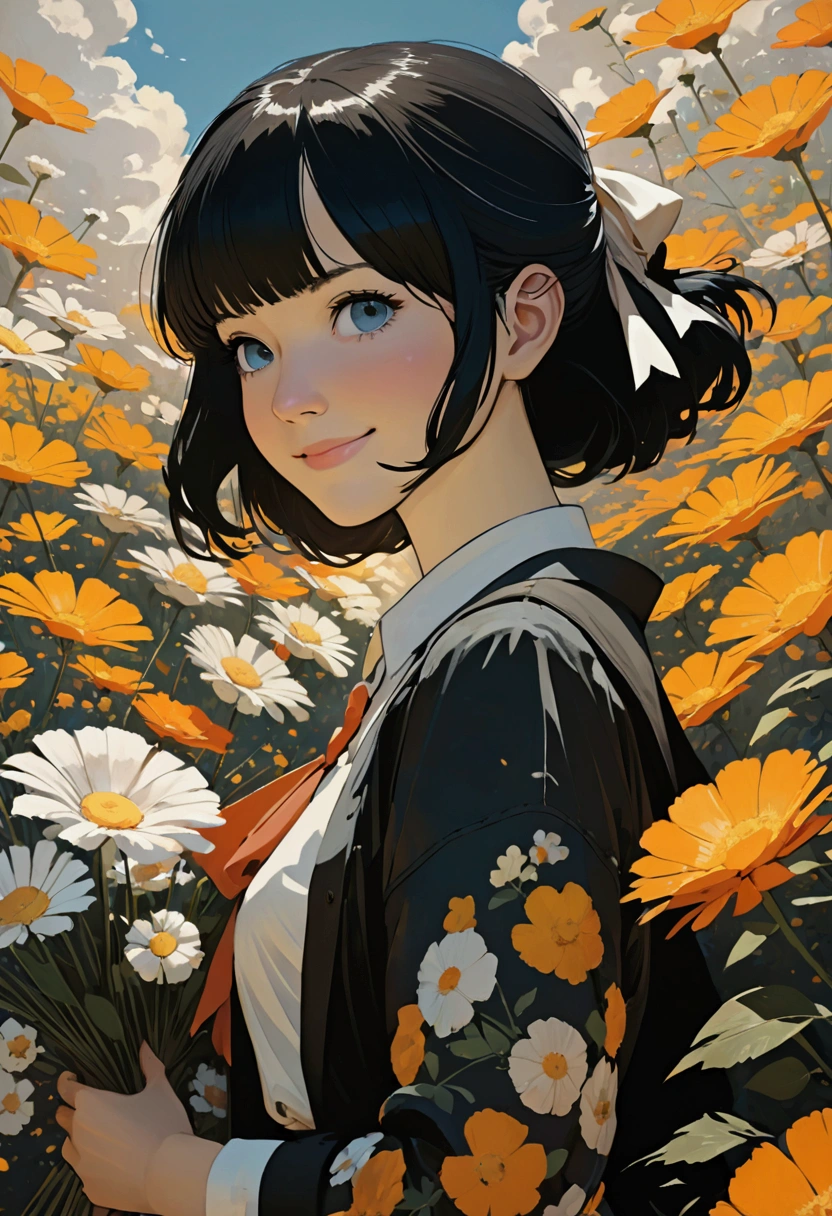 Medium field of view, Medium shot, Depth of Field, Break, Upper Body, Movie Angle, (Ashley Wood Style:1.2),(Nick Vicesi Style:0.6),masterpiece, best quality, Very detailed, CG, 8k wallpaper, Pretty Face, Exquisite eyes, Girl, Solitary, Smile, Bangs, skirt, shirt, have, skirt, bow, petal, bouquet