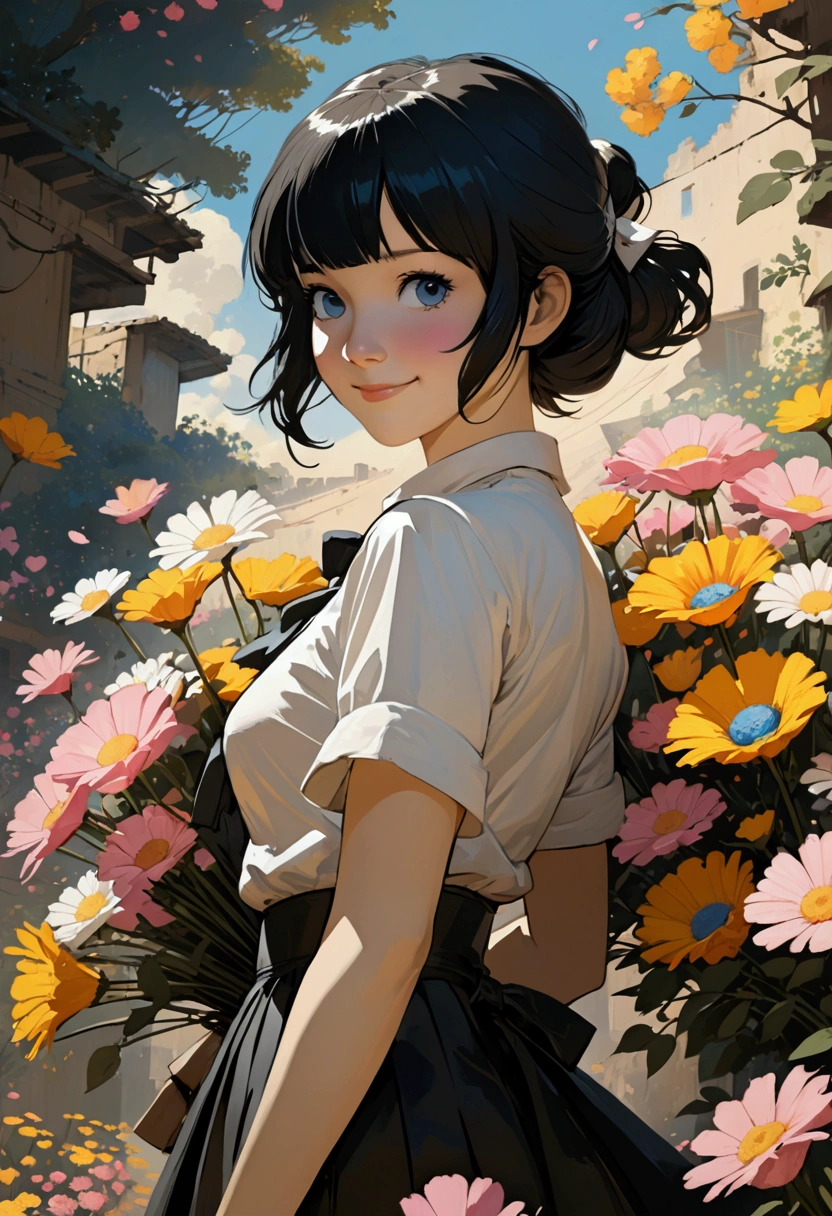 Medium field of view, Medium shot, Depth of Field, Break, Upper Body, Movie Angle, (Ashley Wood Style:1.2),(Nick Vicesi Style:0.6),masterpiece, best quality, Very detailed, CG, 8k wallpaper, Pretty Face, Exquisite eyes, Girl, Solitary, Smile, Bangs, skirt, shirt, have, skirt, bow, petal, bouquet
