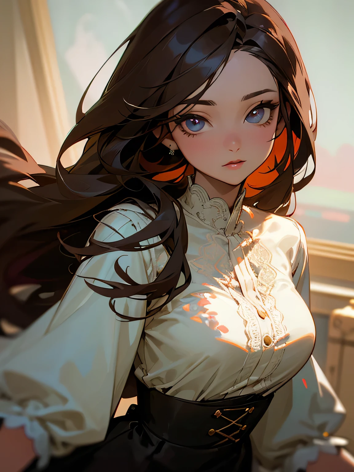 solo,30years old, looking at viewer,upper body, black streaked brown color thin long hair, open forehead:0.6, (double eyelids), thin eyebrows, beautiful adult female face,slim, cheeks, light lipstick, black floral lace blouse, brown long skirt, classy, model pose,An expression that wants to say something, illustration,perfect spot light,close up face,