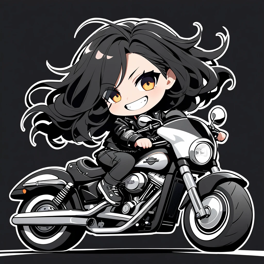 ultra-small deformation, Chibi Cute, 1girl, solo, full body, Black Leather Jacket and pants, riding a Harley-Davidson big motorcycle, grin, fluttering hair, High contrast and vivid color, simple background