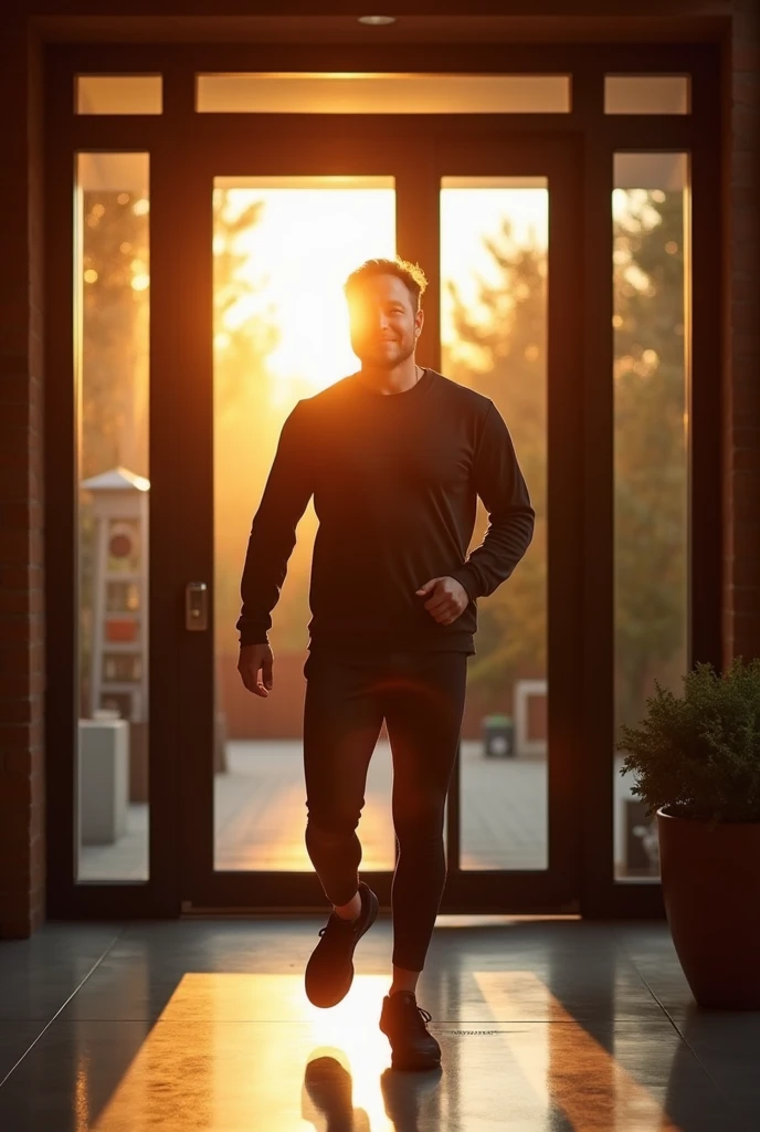 Elon Musk opening the door of his house early in the morning, with the first rays of the sun of the day falling on your face. He has a confident expression, inspired, creative and wearing running clothes.
