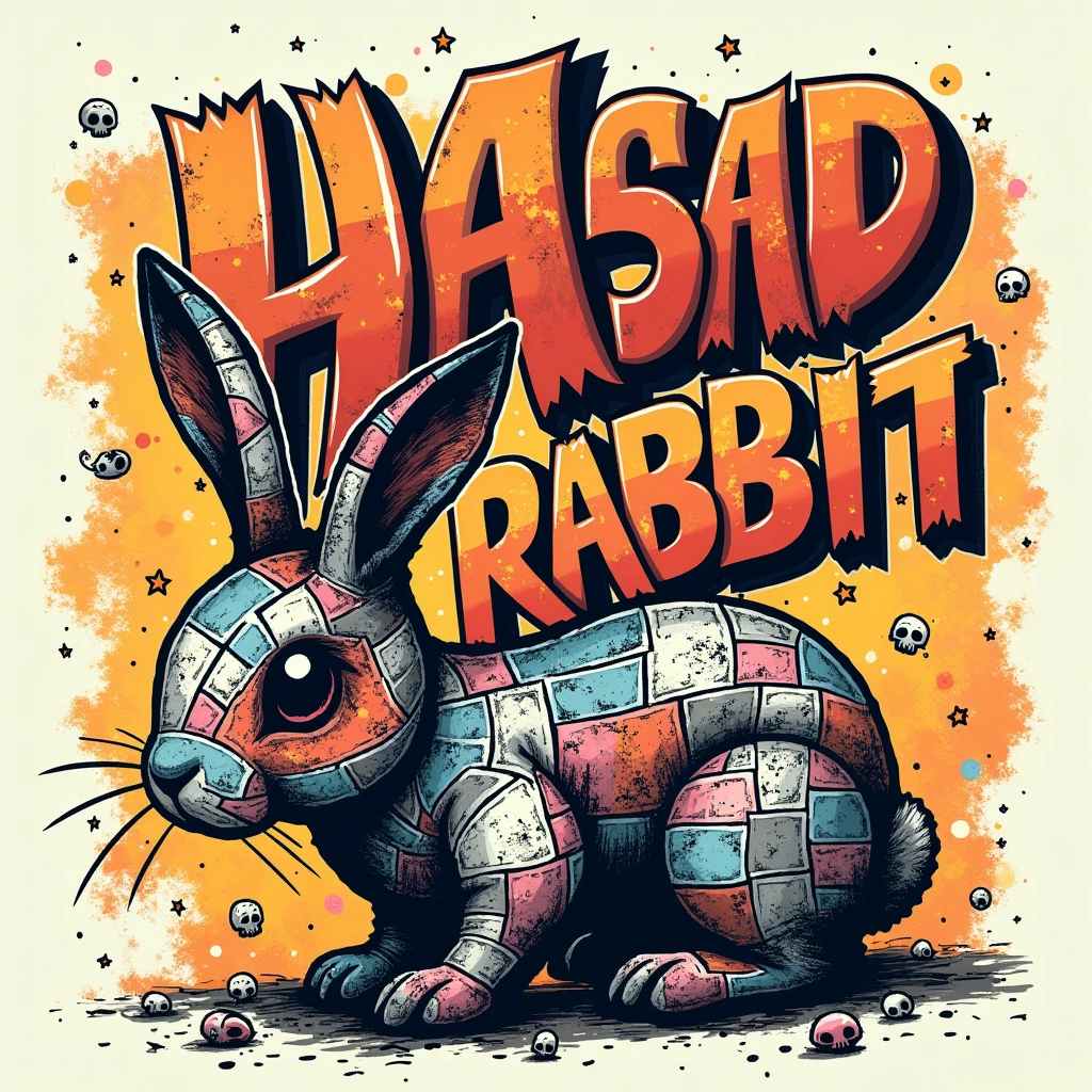 a bold graffiti-style font,bad Patchwork body rabbit,distressed texture,small star symbols,small skull symbols,scattered around text,highly detailed,vibrant colors,urban style,grungy,rough edges,dynamic composition,street art