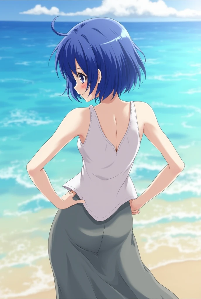 Highest quality, masterpiece, Ultra-high resolution, Age 25, Japanese women, Cowboy Shot, Shiny Hair, short hair, Blue Hair, Good top, Whitescote, Half Smile, sunlight, From behind, Are standing, At the Beach, Only the sacred things of the sea