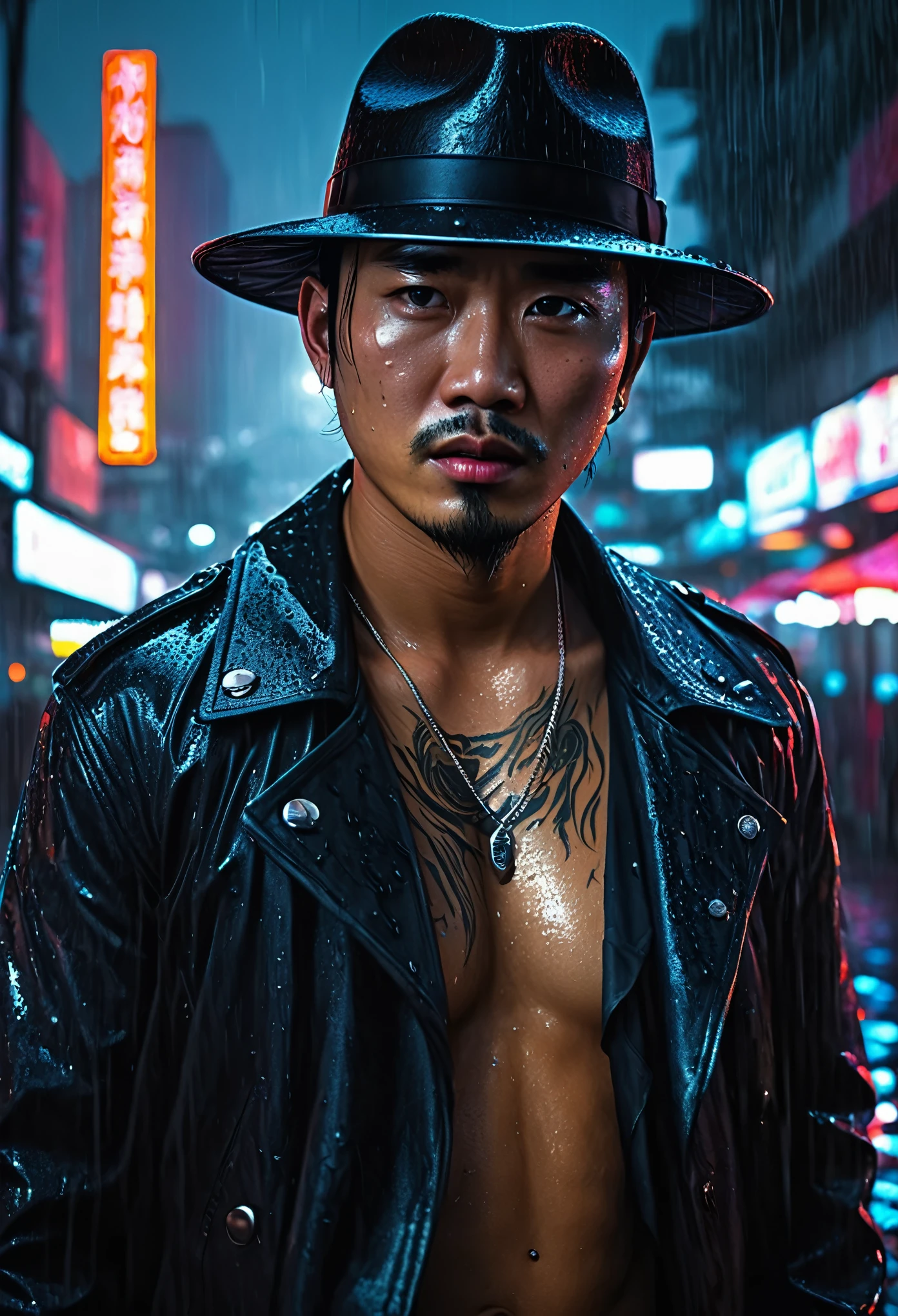 a tough asian man in a black leather jacket, black gangster felt hat, black business suit, part of a dragon tattoo visible on his neck, mean expression, rainy bangkok night, (best quality,4k,8k,highres,masterpiece:1.2),ultra-detailed,(realistic,photorealistic,photo-realistic:1.37),chiaroscuro lighting,dramatic cinematic lighting,hyper realistic,highly detailed face,extremely detailed eyes and face,longeyelashes,sharp focus,vivid colors,dark moody atmosphere,neon lights,rain effects,gritty urban environment,cyberpunk,neo-noir,concept art,digital painting