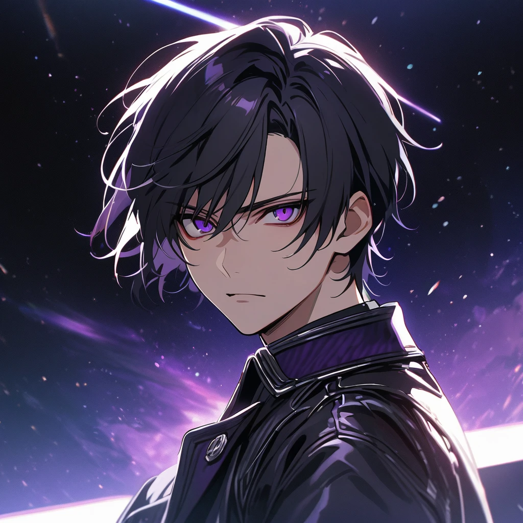 High quality, HD, 4k, no shadows, handsome male, handsome, 1male, 17 years old, teenager, jet black hair, short black hair, dark hair, black hair, jet black hair, sharp eyes, deep purple colored eyes, dark purple colored eyes, deep purple eyes, purple eyes, devil may cry, close up, calm expression, stoic expression, black leather clothes, white leather clothing, lean body, well trained body, upper body, looking at viewer, cowboy shot, white solar, space background