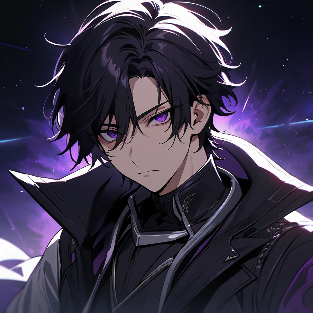 High quality, HD, 4k, no shadows, handsome male, handsome, 1male, , teenager, jeack hair, short black hair, dark hair, black hair, jet black hair, sharp eyes, deep purple colored eyes, dark purple colored eyes, deep purple eyes, purple eyes, devil may cry, close up, calm expression, stoic expression, black leather clothes, white leather clothing, lean body, well trained body, upper body, looking at viewer, cowboy shot, white solar, space background