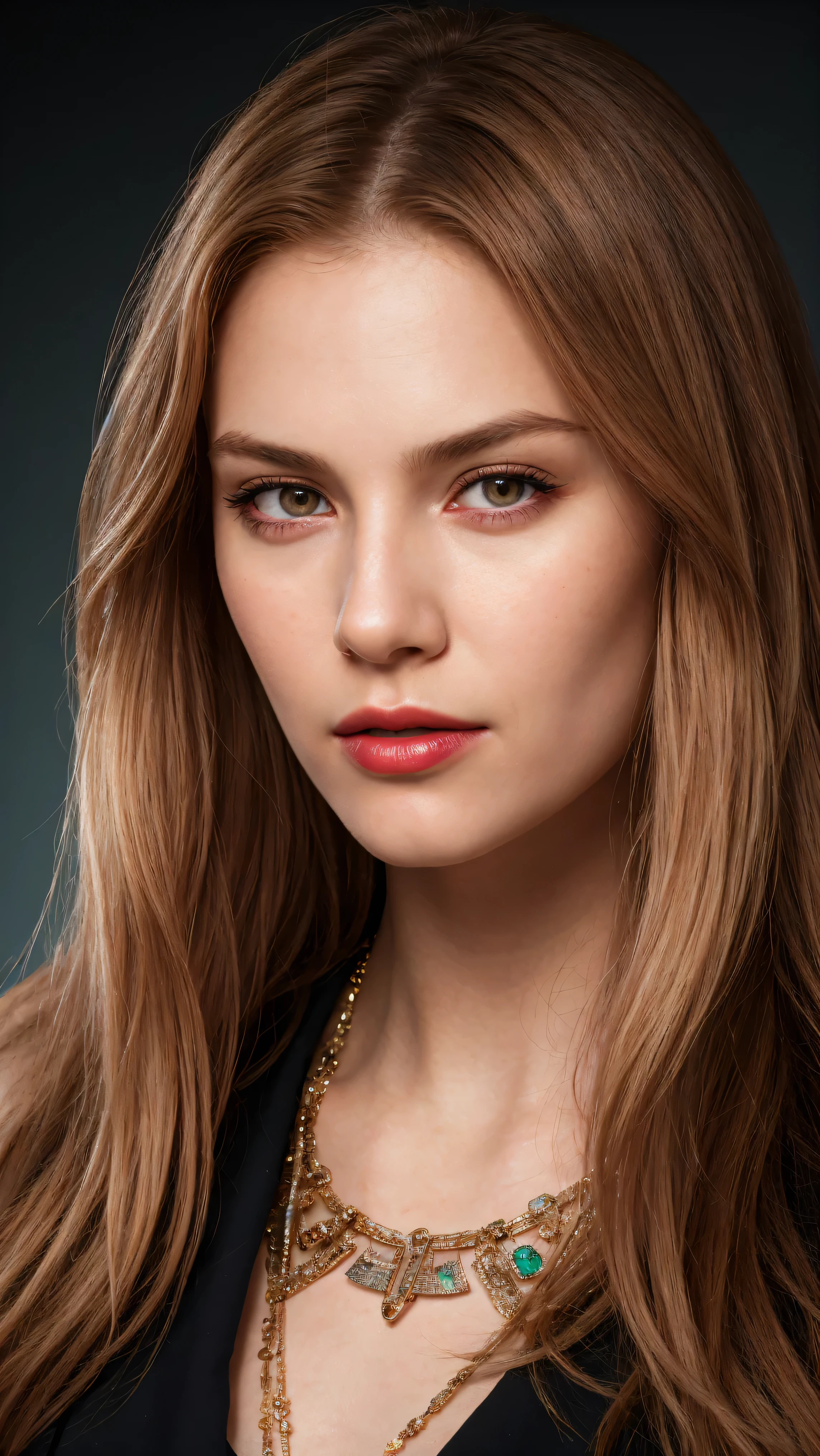 a woman with red hair, hyper-realistic skin, shiny/glossy, modern jewelry, gongbi, portraiture, dark teal and light gold, tropical landscapes, Face portrait photo oF a 21 Year-old German woman, .raw, beautiFul woman, half strawberry lips, strawberry lipstick, Fossettes, nostalgic look, light brown eyes, great student, thin eyelashes, (Brown extra long blond hair), ((detailed Face)), ((detailed Facial Features and skin texture)), (Finely detailed skin), pink and red skin, (Deep neckline detailing high-tech cyberpunk dress), Cyberpunk big city environment, (cold colors), moist, moist, reFlections, (masterpiece) (height ratio / perfect width) (photo realist) (best quality) (detailed) Shot with Canon EOS R5, ObjectiF 50mm, F/2.8, human development report, (8k) (wallpaper) (light) (Dramatic Light) (sharp focus) (complicated), sharp details, skin detail sharpness,