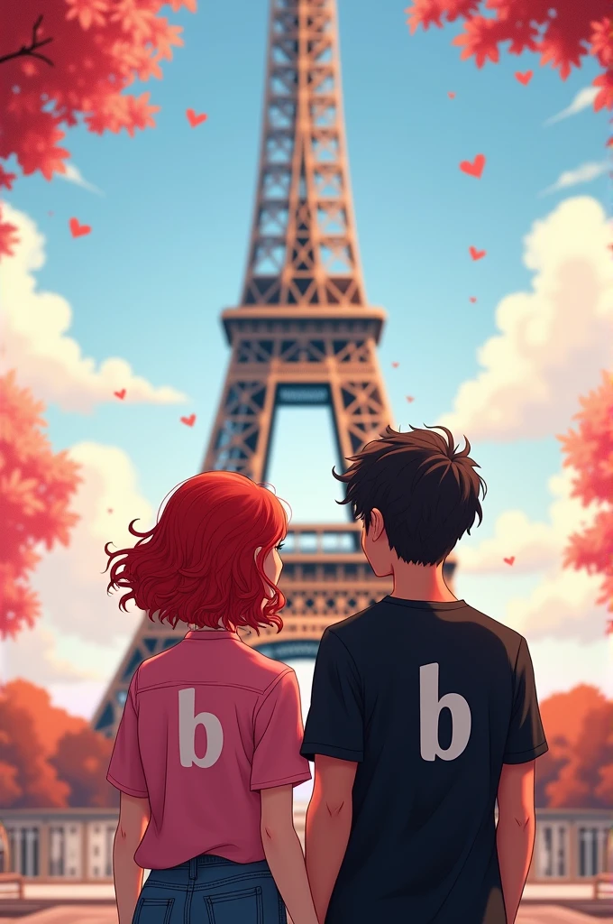 A couple holding hands, with his back to the tower of Paris,  short curly hair with red hair tips, pink blouse with the letter b, boy short curly hair, with black shirt and letter i