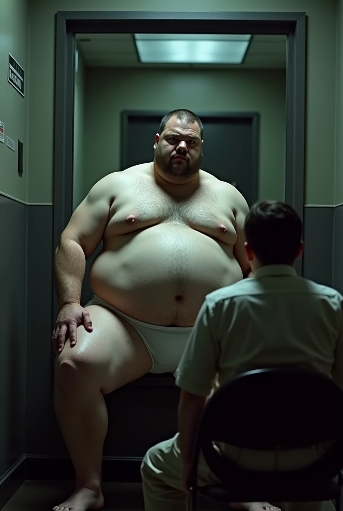 Fat policeman in underwear sitting in front of a criminal