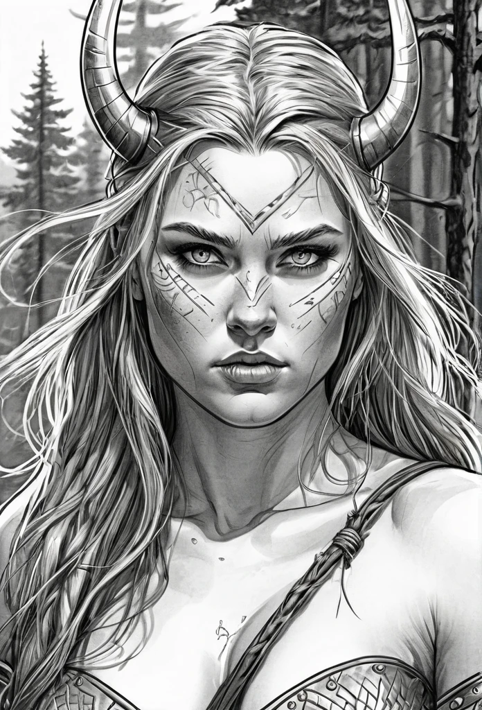  pencil sketch of a Viking character with scars of war, erotic image of a naked Viking woman, cartoon art style, digital illustration style, highly detailed character design, courage detailed digital art, Forest fan art, Portrait Character Design, beautiful digital illustration, high-quality portrait, comic book art, young woman with beautiful hair, Beautiful outlined eyes, exposed Medium large bust and erotic sensual posture. expression of sexual desire image, full body illustration