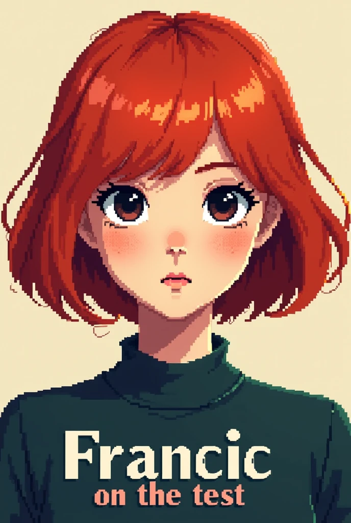 red-haired woman , com rosto redondo , with short hair above the shoulder, Francis on the test , dark eyes and freckles ,pixel art style