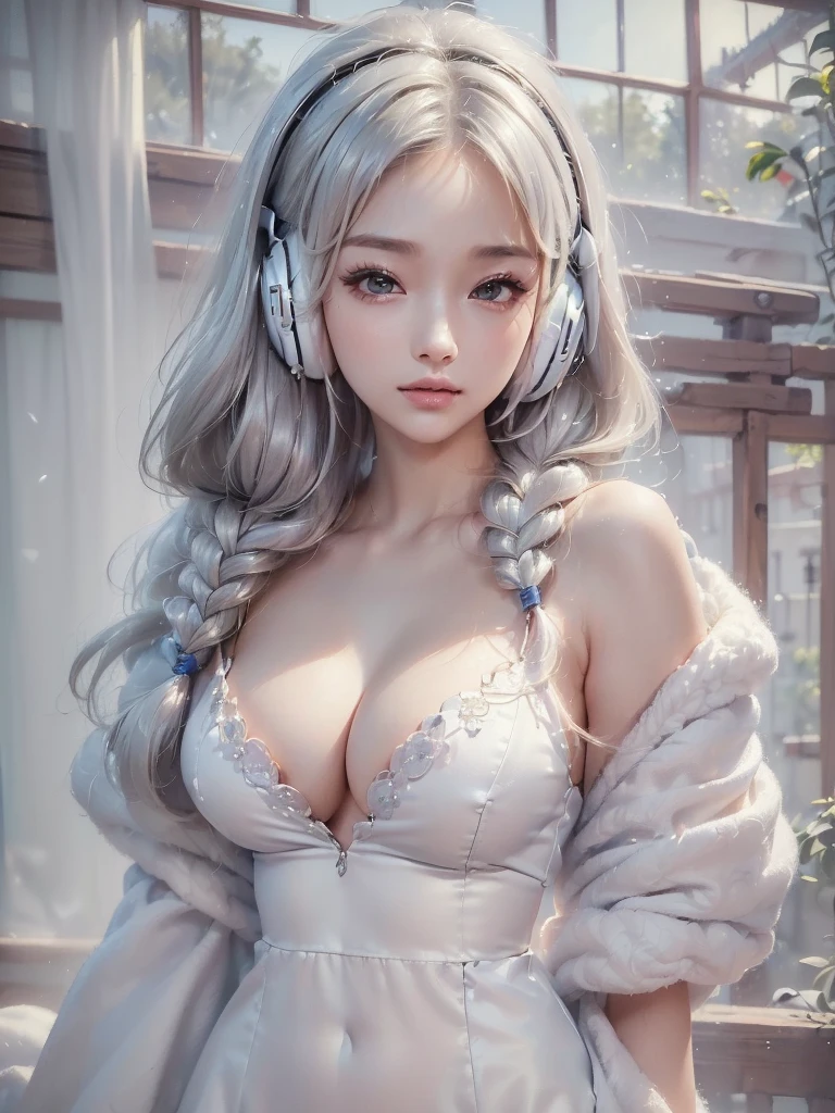 ((face, style)).((masterpiece:1.5))((alone、Woman wearing giant headphones:1.5、Detailed face、Big Eyes、Bright expression、small breasts, cleavage、Best Looks、Ultimate beauty、Shiny silver hair with highlights、明るい and shiny hair,、Modern Hairstyles、Hair dancing in the wind))(morning、indoors)Please look away from here、Beautiful profile、winter
