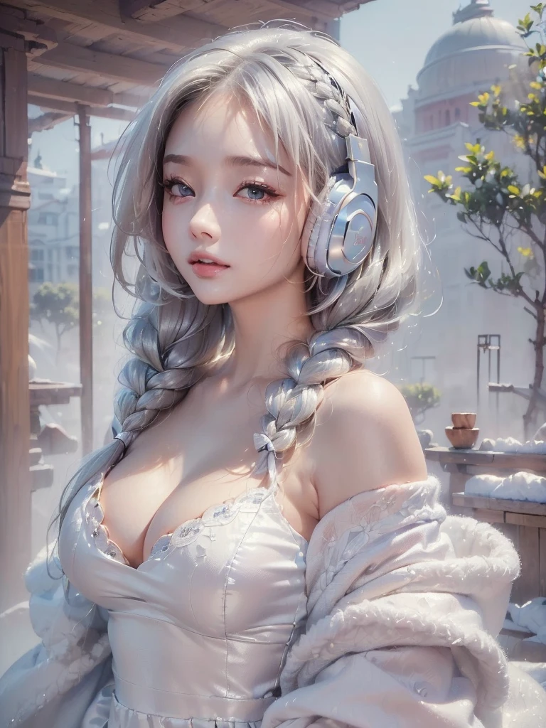 ((face, style)).((masterpiece:1.5))((alone、Woman wearing giant headphones:1.5、Detailed face、Big Eyes、Bright expression、small breasts, cleavage、Best Looks、Ultimate beauty、Shiny silver hair with highlights、明るい and shiny hair,、Modern Hairstyles、Hair dancing in the wind))(morning、indoors)Please look away from here、Beautiful profile、winter