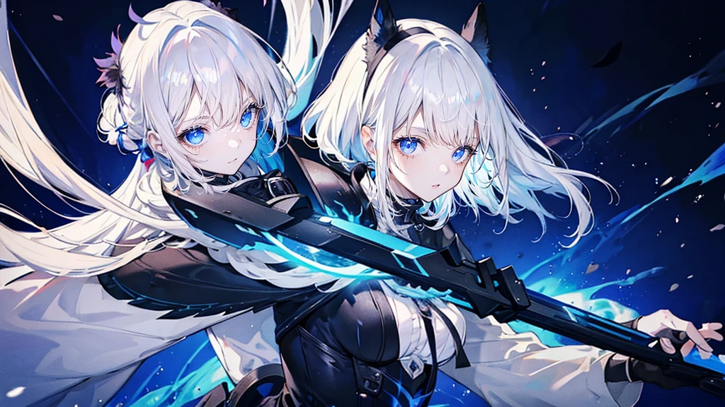 My Hero Academy Template, girl with white hair and gray eyes with dark circles, She is wearing a black heroine costume, In the background there is blue fire and it is night
