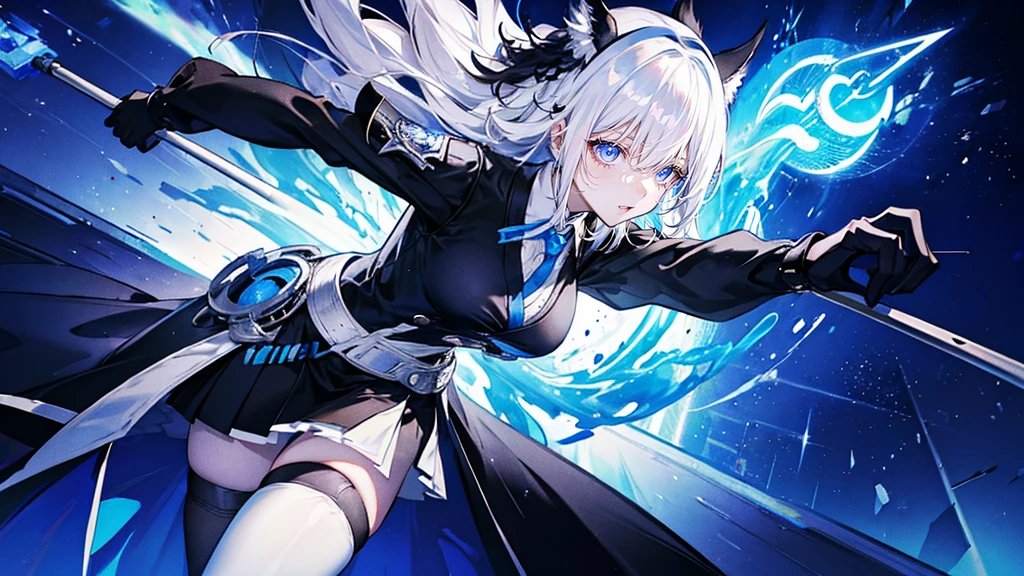 My Hero Academy Template, girl with white hair and gray eyes with dark circles, She is wearing a black heroine costume, In the background there is blue fire and it is night 