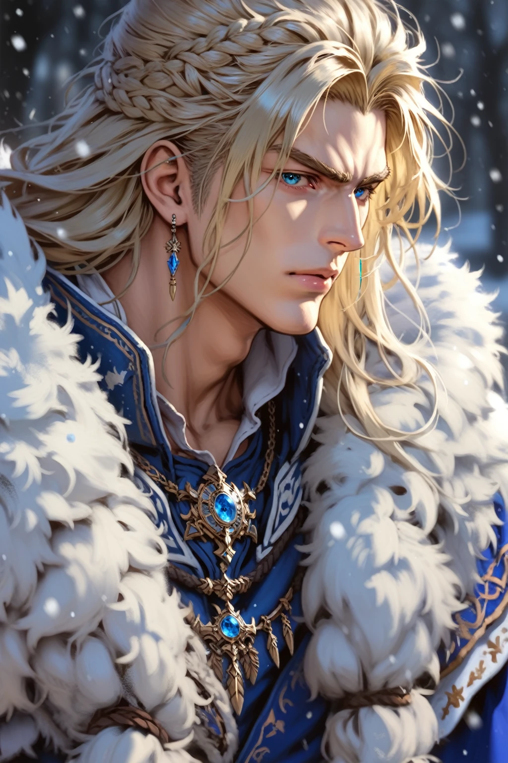 absurdities, High resolution, ultra detailed, HdR, masterpiece, realism, realist, 30 year old adult man, rasgos muy masculines, serious, Extremely detailed face and eyes, short straight hair, blond hair, bushy eyebrows, fringe, angry eyebrows, expressive blue eyes, rasgos masculines, detailed eyes, LOOKING AT THE SPECTATOR, 1 man, viking style clothing, masculine, blue clothes con abrigo de piel blanco, snowy background, White skin, viking necklace, blue clothes, white earrings, Wizard's Medallion, tidy hair, Complete plan, beefy chest, realism magico, masculine, men's clothing, vibrant colors, Fotorrealist, 8k, Best Quality, High resolution, cinematic lighting, intricate details, snow background.