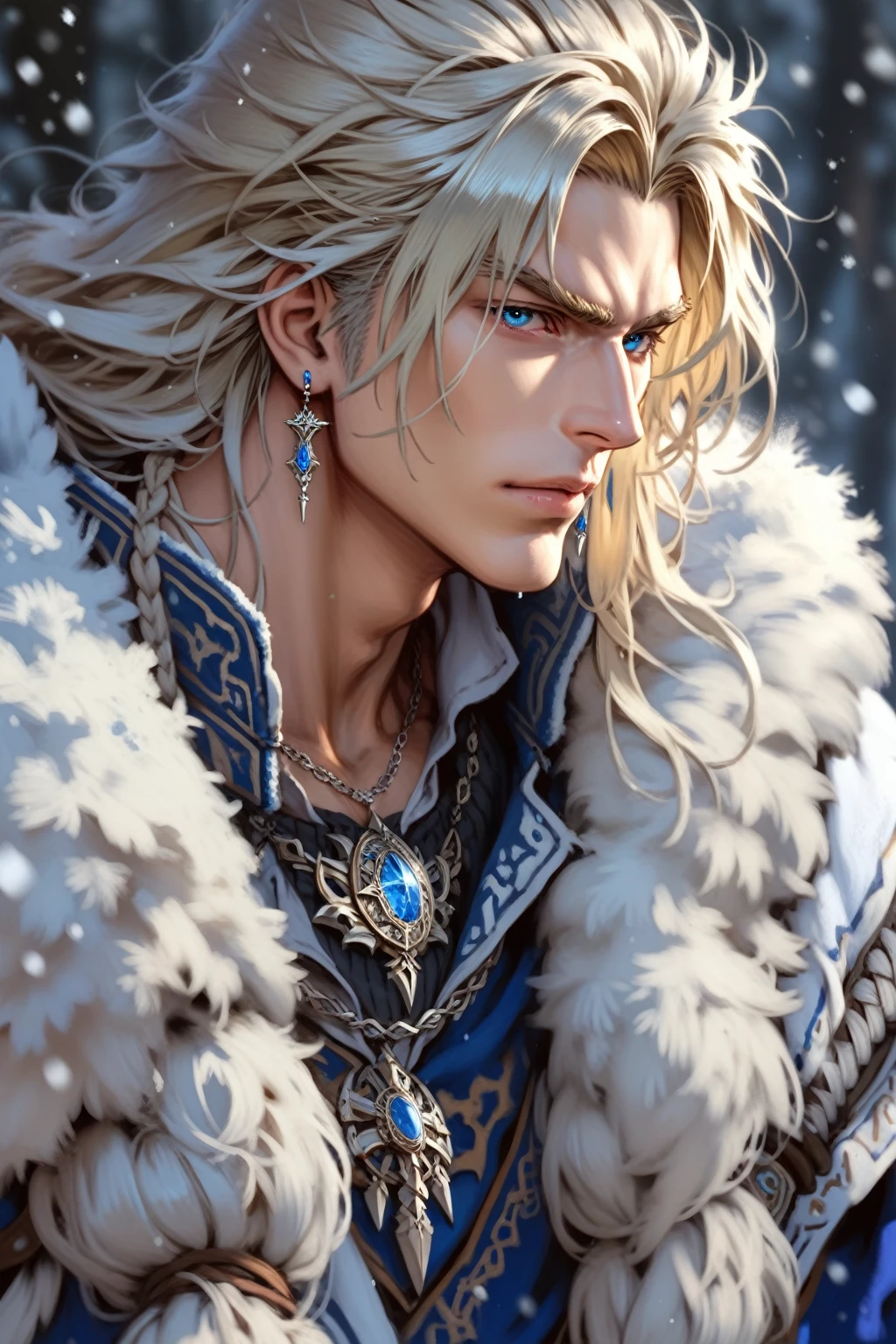 absurdities, High resolution, ultra detailed, HdR, masterpiece, realism, realist, 30 year old adult man, rasgos muy masculines, serious, Extremely detailed face and eyes, short straight hair, blond hair, bushy eyebrows, fringe, angry eyebrows, expressive blue eyes, rasgos masculines, detailed eyes, LOOKING AT THE SPECTATOR, 1 man, viking style clothing, masculine, blue clothes con abrigo de piel blanco, snowy background, White skin, viking necklace, blue clothes, white earrings, Wizard&#39;s Medallion, tidy hair, Complete plan, beefy chest, realism magico, masculine, men&#39;s clothing, vibrant colors, Fotorrealist, 8k, Best Quality, High resolution, cinematic lighting, intricate details, snow background.