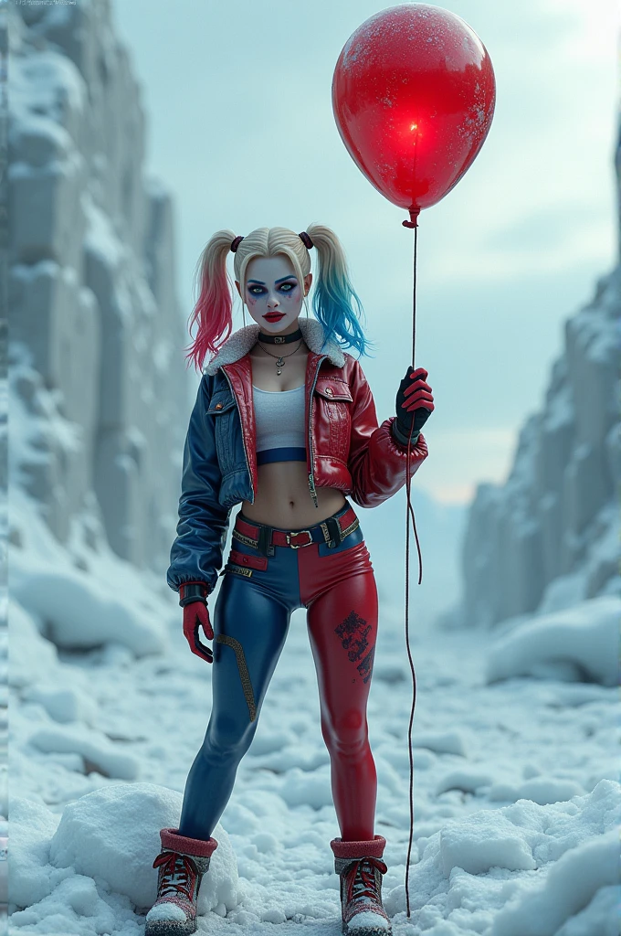 Harley Quinn with balloon in polar winter