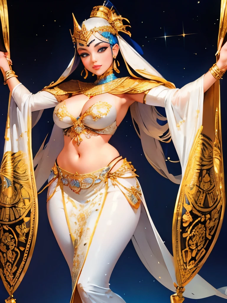 a lady wearing a gold and white outfit, egyptian art by Arabella Rankin, tumblr, arabesque, beautiful costume, jeweled costume, belly dancing, gold and white, white with gold accents, intricate outfit, ornate with gold trimmings, cute rave outfit, fun rave outfit, gorgeous figure, rave outfit