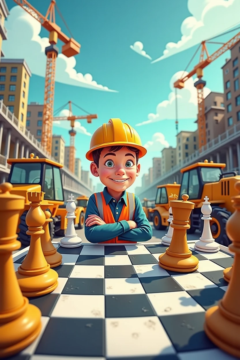 Cartoon image of a chess player with construction machinery and construction workers as chess pieces.