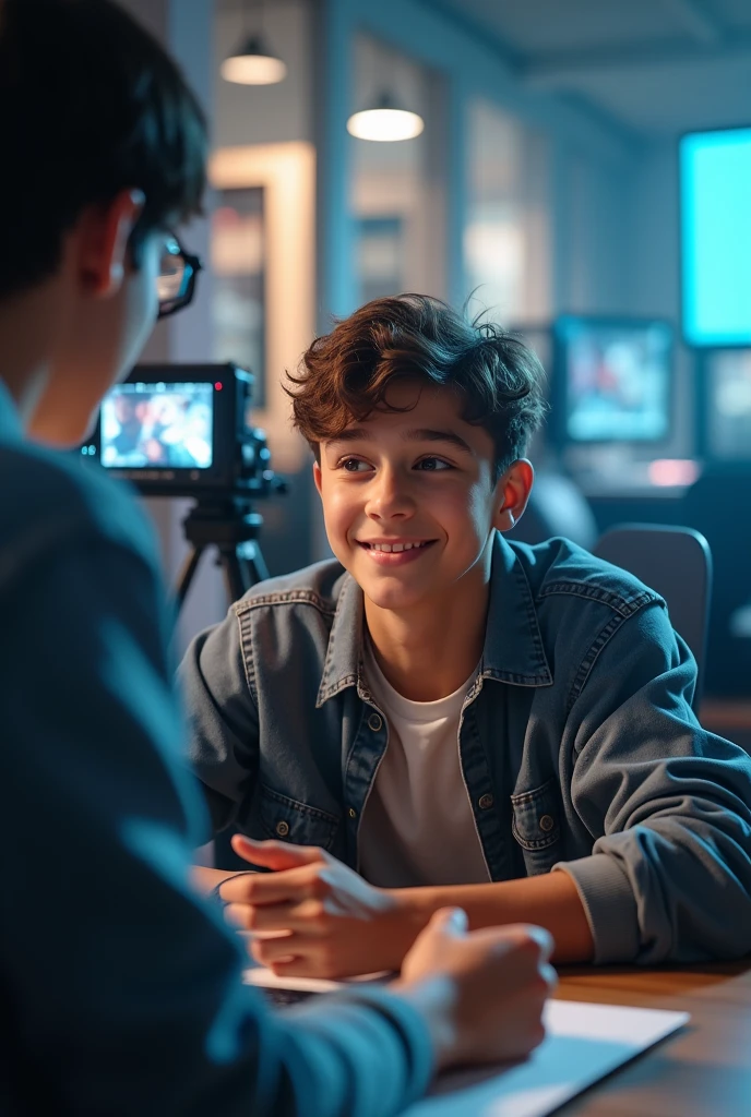 A boy in studio making content with face cam