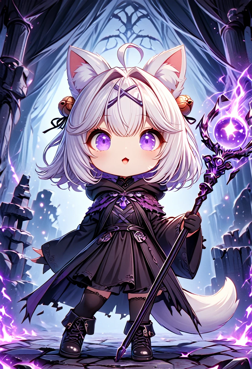 master piece, best quality, ultra-detailed, illustration, midnight, battlefield, gloomy atmosphere, broken castle, broken walls, ruins, purple flames, purple lightning,  1girl, solo, chibi, (big head), cute pose, front view, looking at viewer, ((full body Close up)), chubby, fat, filian, filianoverall, Filiansailor, ((white hair)) , short hair, shoulder length hair, fly-away hair, bangs, hairclip, purple hair ornament, cat ears, (hair bell:1.3) ahoge, purple eyes, open mouth, smiling, (white fox tail), (black tattered robe), long gown, black arm sleeves, black gloves, wielding orbstaff, black stockings, black boots