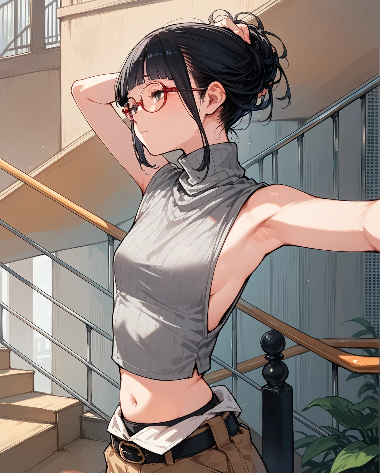 sexy,Flat Chest,Focus on your audience,Extremely thin body,Anime Style,Slender figure,delicate,Glasses,Asian woman in grey top and black pants posing on stairs, Sleeveless turtleneck, 脇が大きく開いているSleeveless turtleneck,rib cage,Sideboob,The shoulders are wide open,sexyなWearing a crop top, Photo of slim girl model, Chiho, T-Top, shikamimi, Wearing a crop top, Real life anime girls, Kurohime cut hair, Shashi, 2 4-year-old female model