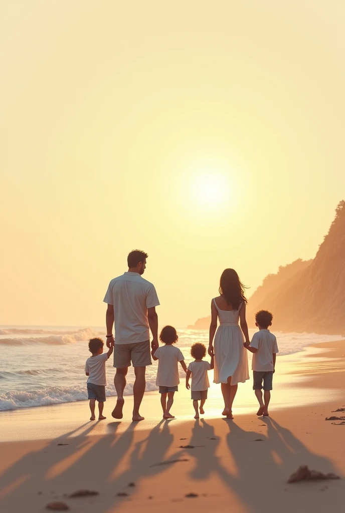Man walking before dawn on the beach with his wife and 3 children