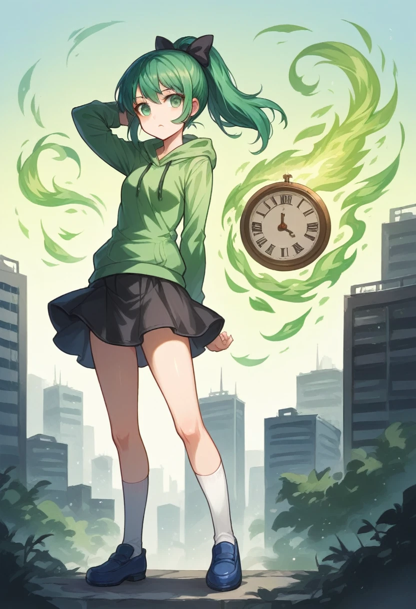 A young anime girl, green hair, ponytail, Black bow ((behind head)), green eyes, green hoodie, black skirt, White socks, blue shoes, city background, 2010s ((time period)), time theme, time magic, time powers, green energy, green magic, clock symbolism ((behind back))