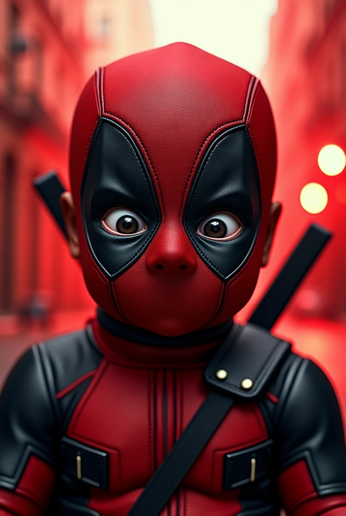 high resolution、Superior image quality、Top-notch image quality、Maximum quality、in 8K、real live action、realisitic、Raw photo、Masterpiece artwork、tabletop、professional lighting、realisitic background、((2 years))、standing、、cute (fantasia de fantasia de deadpool da marvel))、、, face and head with mask、mascara 、((closing the eye)), ((work of art), (best qualityer), (CRU photo), (fotorrealisitic:1.4), Foto altamente realisitic, Portrait of a baby, 1 year old, mascara deadpool, glare eyes, wearing a marvel deadpool costume, detailed clothing, The light from above shines down, (Red city environment background), photo taken in 1975 by Fujifilm XT3