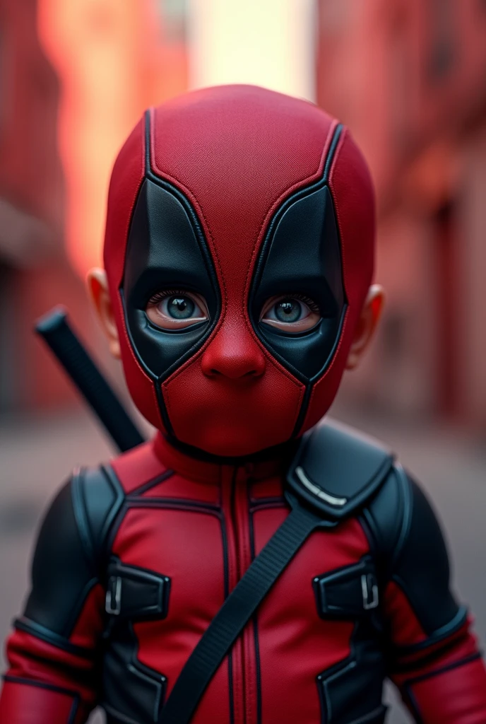 high resolution、Superior image quality、Top-notch image quality、Maximum quality、in 8K、real live action、realisitic、Raw photo、Masterpiece artwork、tabletop、professional lighting、realisitic background、((2 years))、standing、、cute (fantasia de fantasia de deadpool da marvel))、、, face and head with mask、mascara 、((closing the eye)), ((work of art), (best qualityer), (CRU photo), (fotorrealisitic:1.4), Foto altamente realisitic, Portrait of a , 1 yearscara deadpool, glare eyes, wearing a marvel deadpool costume, detailed clothing, The light from above shines down, (Red city environment background), photo taken in 1975 by Fujifilm XT3