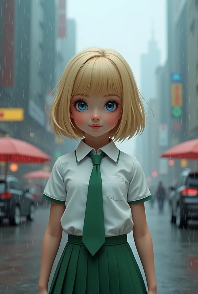 1 girl, short blonde hair, blue eyes, white shirt, green tie, green skirt, city, rain, highly detailed background best quality, 4k, 8k, highres, masterpiece:1.2, ultra-detailed, realistic, photorealistic:1.37, HDR, studio lighting, ultra-fine painting, sharp focus, physically-based rendering, extreme detail description, professional, vivid colors, bokeh, portrait